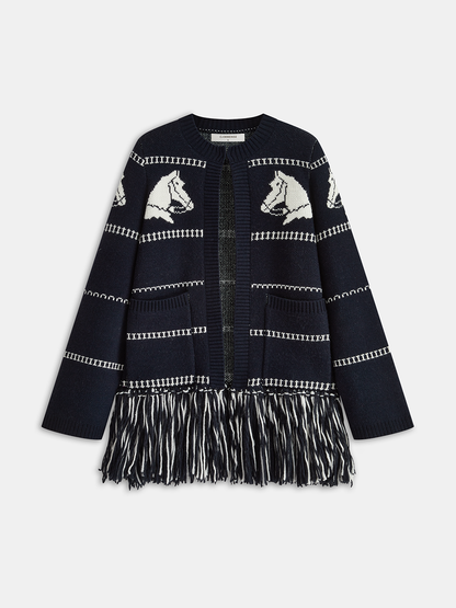 Horse-Pattern Wool Blend Fringe Cardigan