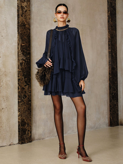 Tiered Ruffle Chiffon Mini Dress Set with Liner