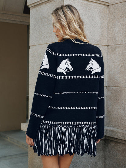 Horse-Pattern Wool Blend Fringe Cardigan