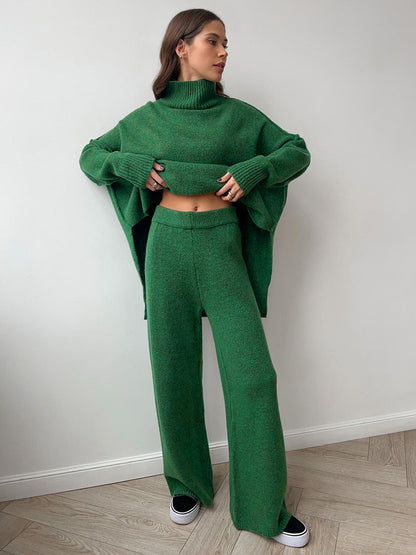 Plain Turtleneck Knit Pants Set