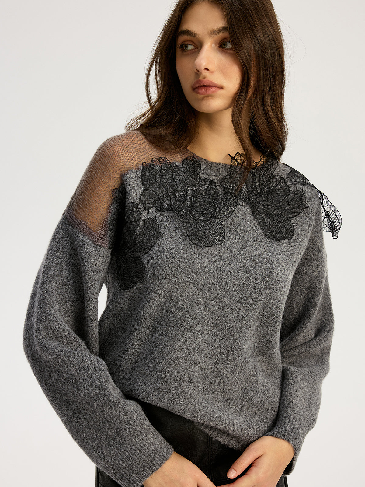 Floral lace Sweater Semi Sheer Round Neck Sweater
