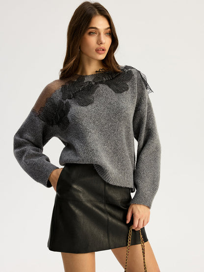 Floral lace Sweater Semi Sheer Round Neck Sweater