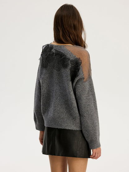 Floral lace Sweater Semi Sheer Round Neck Sweater