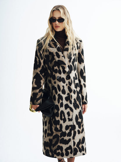 Leopard Print Wool-Blend Double-Breasted Coat