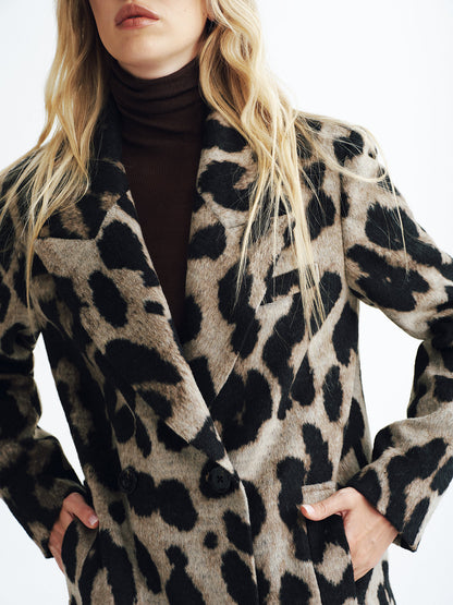 Leopard Print Wool-Blend Double-Breasted Coat