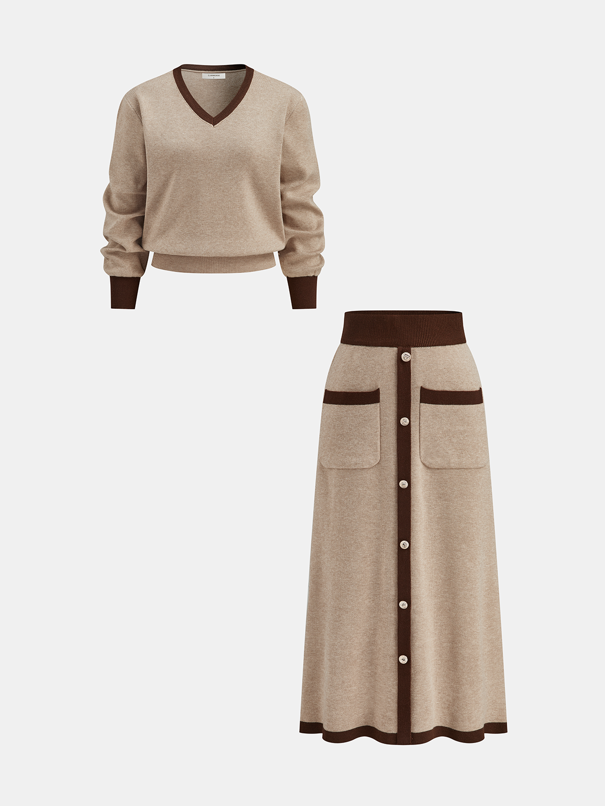 Contrast Trim Knit Top and Midi Skirt Set