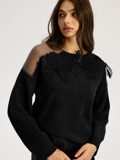 Floral lace Sweater Semi Sheer Round Neck Sweater