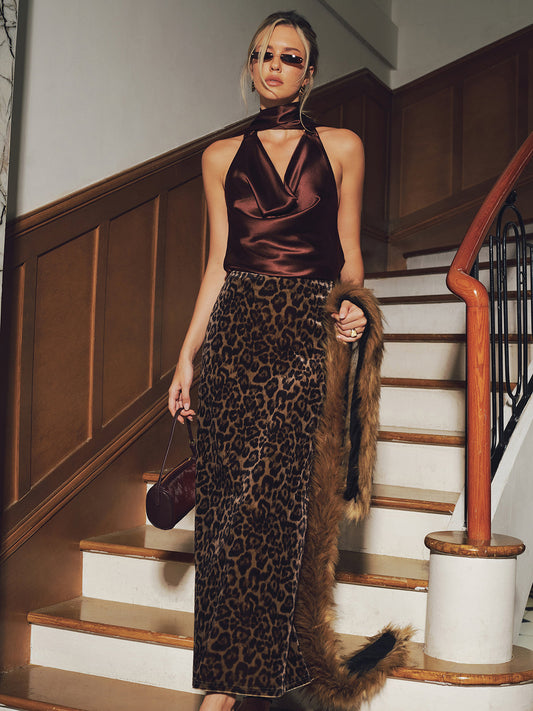 Leopard Print Velvet Mermaid Hem Maxi Skirt