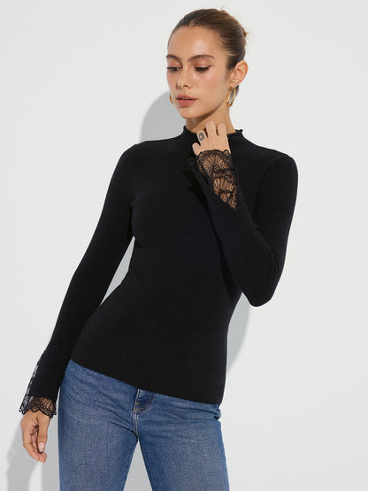 Mock Neck Lace Cuff Knit Top