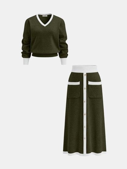 Contrast Trim Knit Top and Midi Skirt Set
