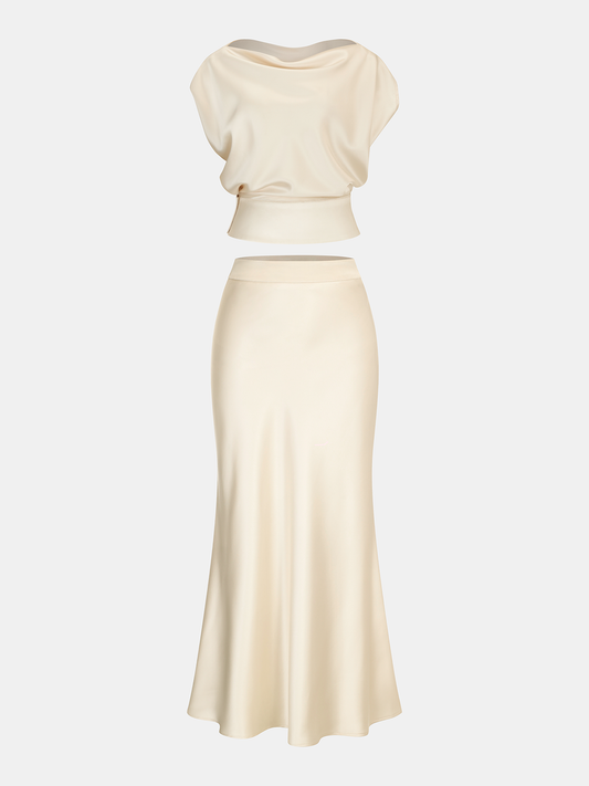 Satin Cowl Neck Top and Skirt Set