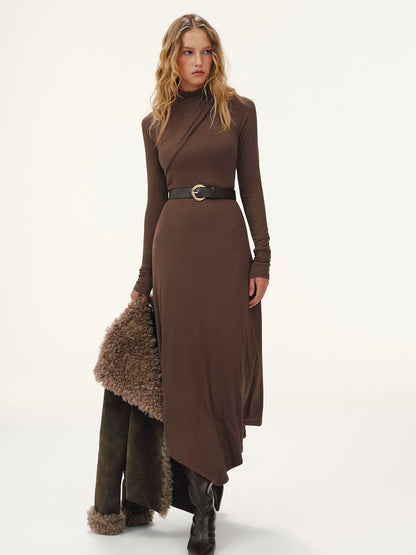 Belted Turtleneck Asymmetric Maxi Dress