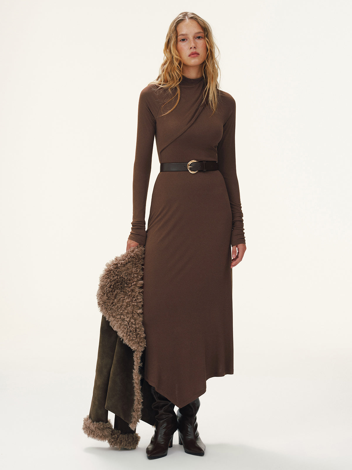 Belted Turtleneck Asymmetric Maxi Dress