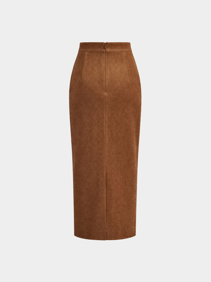 Draped Slit Suede Effect Midi Skirt