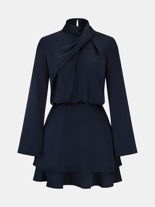 Long Sleeve Cross Neck Satin Tiered Mini Dress