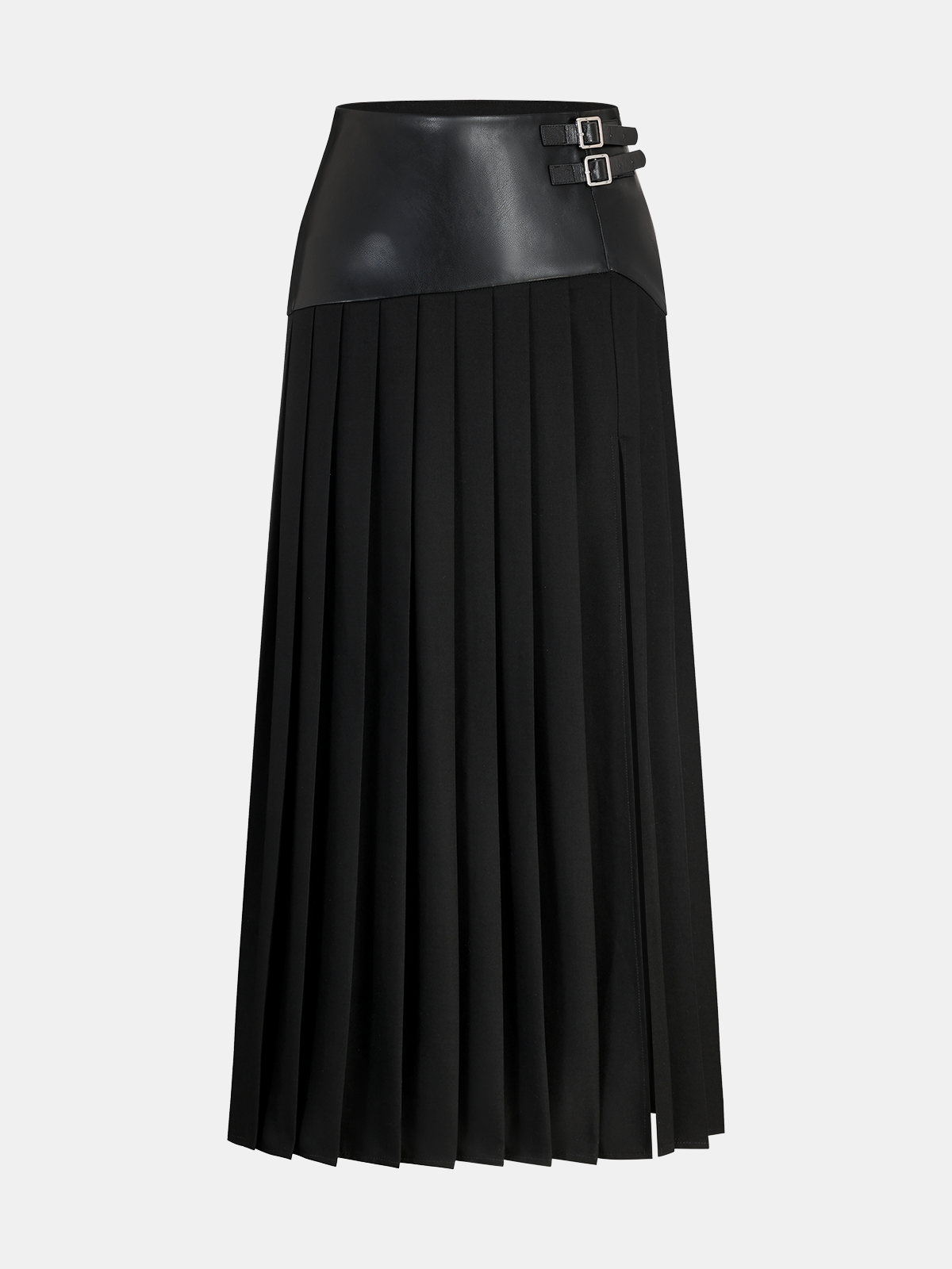Buckle Detail Faux Leather Panel Pleated Midi Skirt