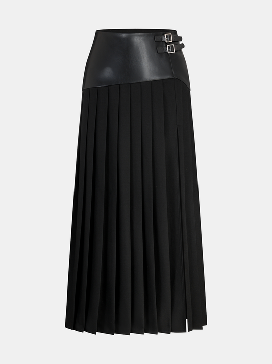 Buckle Detail Faux Leather Panel Pleated Midi Skirt