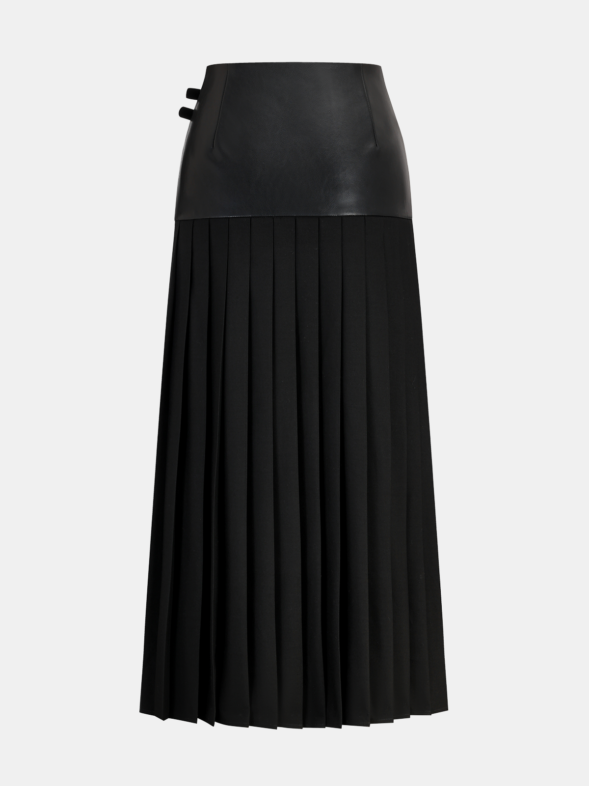 Buckle Detail Faux Leather Panel Pleated Midi Skirt