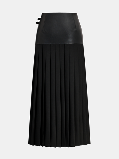 Buckle Detail Faux Leather Panel Pleated Midi Skirt
