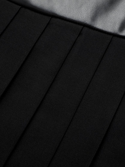 Buckle Detail Faux Leather Panel Pleated Midi Skirt