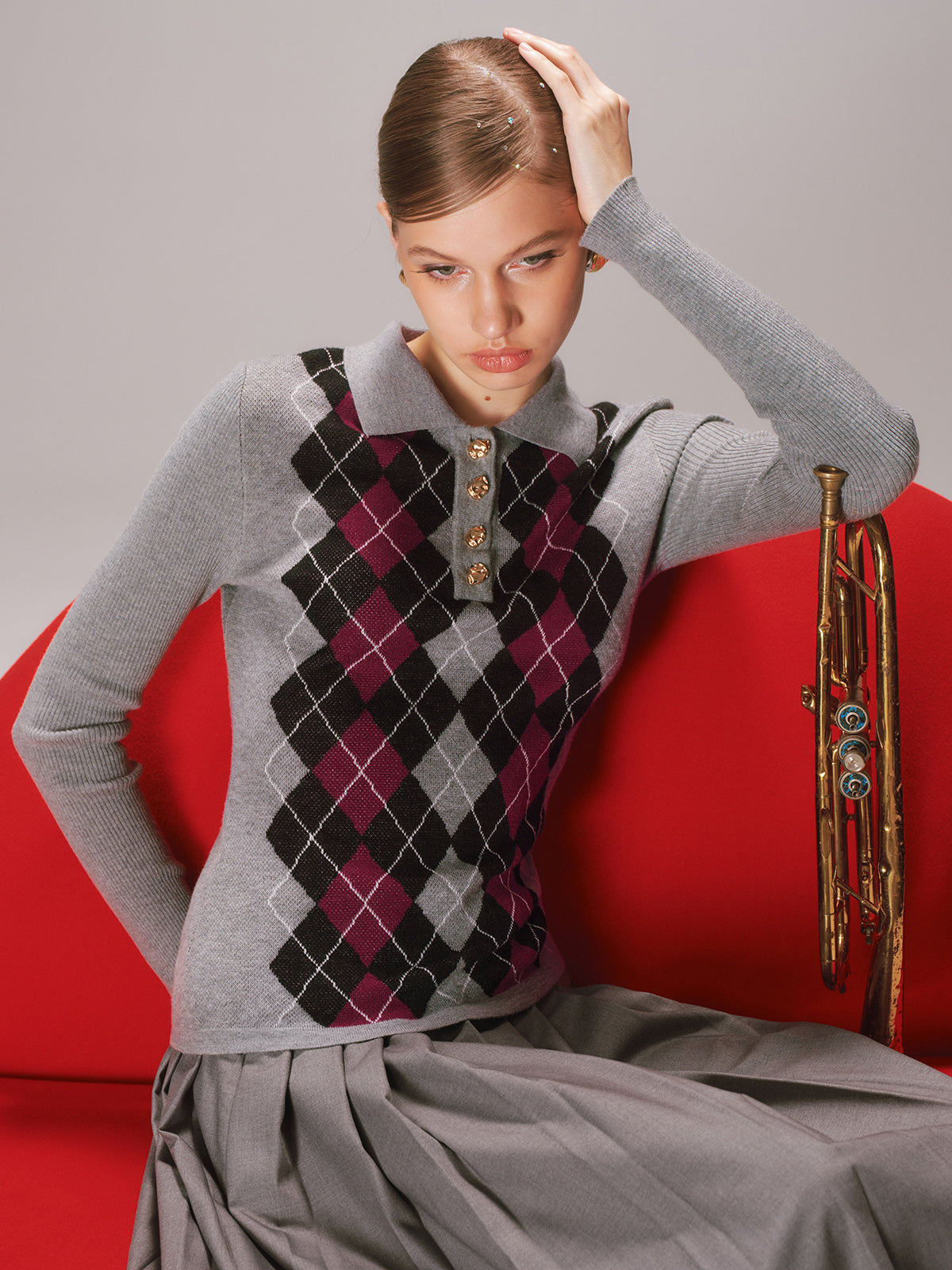 Argyle Wool-Blend Polo Knit Top