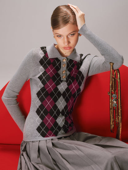 Argyle Wool-Blend Polo Knit Top