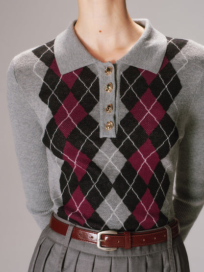 Argyle Wool-Blend Polo Knit Top