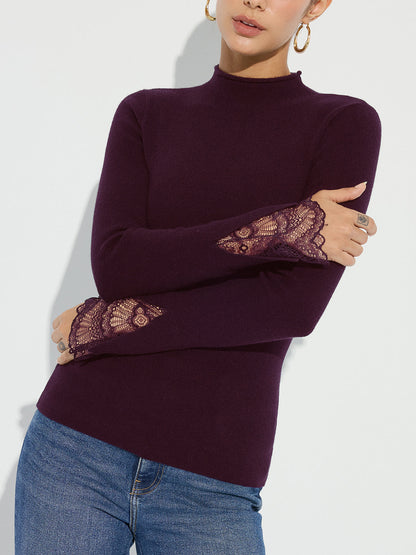 Mock Neck Lace Cuff Knit Top