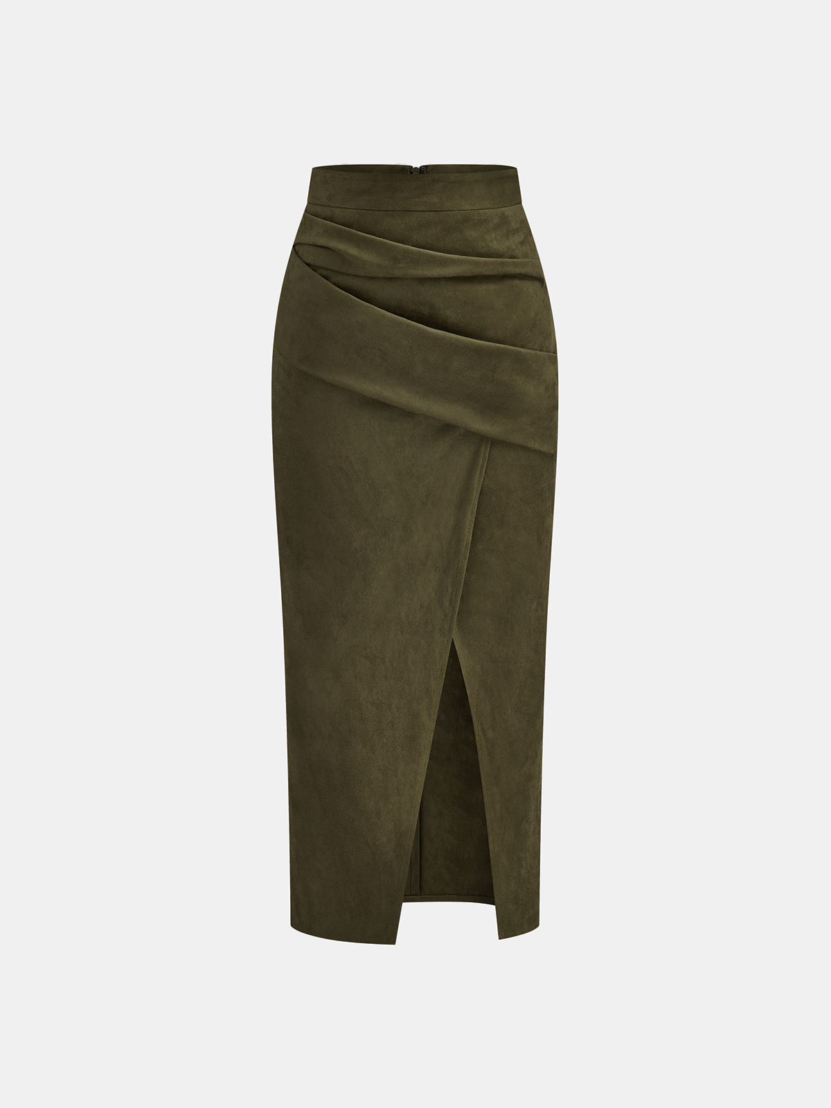 Draped Slit Suede Effect Midi Skirt