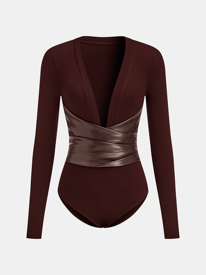 Faux Leather Wrap Waist V-Neck Bodysuit