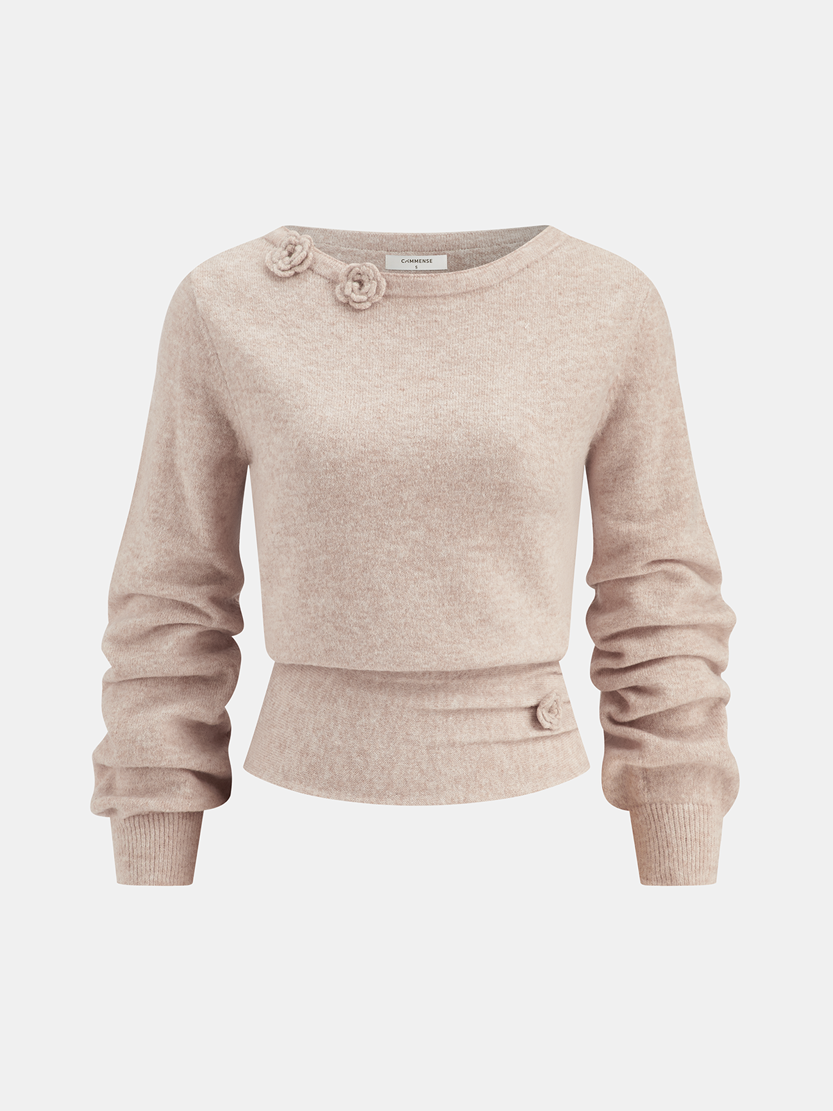 3D Floral Embellished Cinched-Waist Knit Top