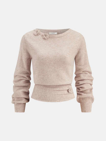 3D Floral Embellished Cinched-Waist Knit Top