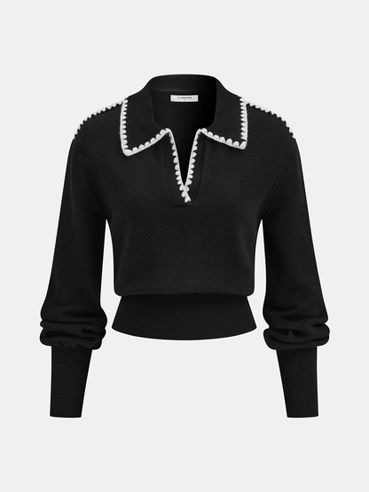 Contrast Embroidered Trim Polo Sweater