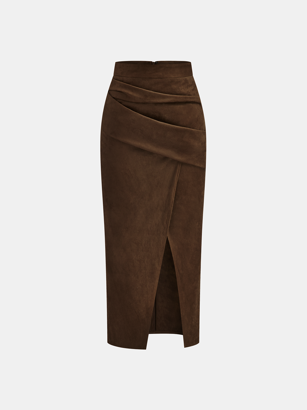 Draped Slit Suede Effect Midi Skirt