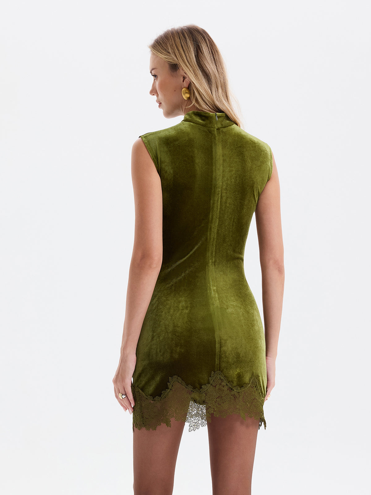 Lace-Trim Ruched Velvet Mini Dress