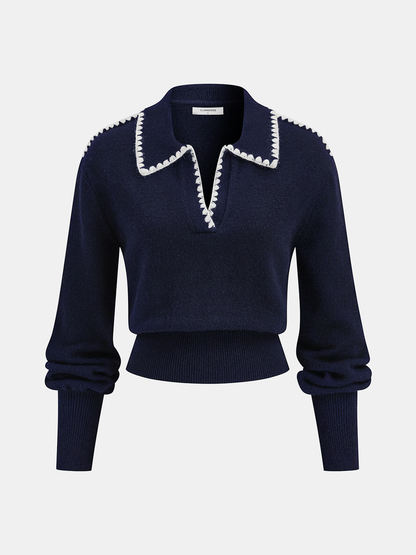 Contrast Embroidered Trim Polo Sweater