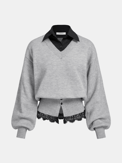 Contrast Collar Lace Hem Sweater