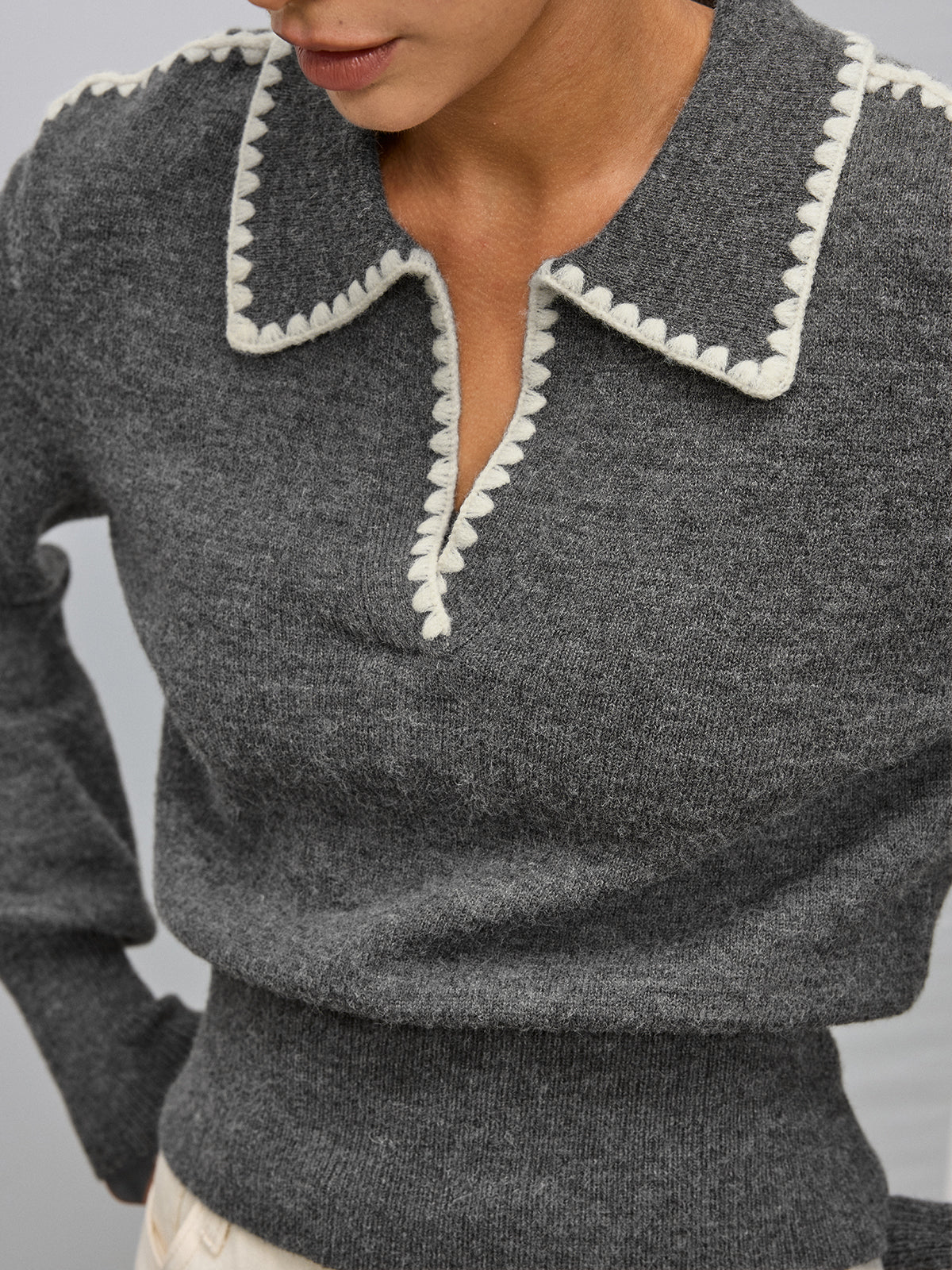 Contrast Embroidered Trim Polo Sweater