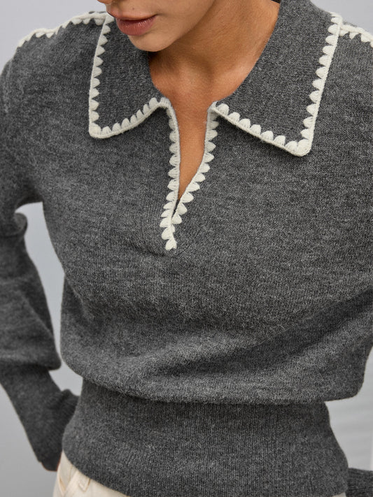 Contrast Embroidered Trim Polo Sweater