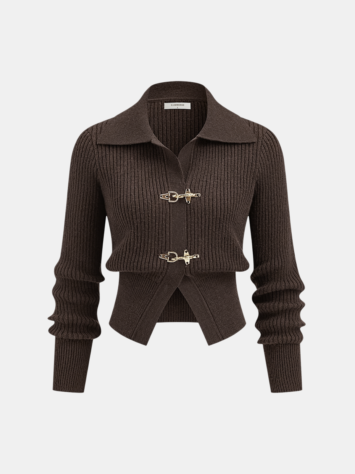 Collared Metal Buckle Ribbed Cropped Sweater