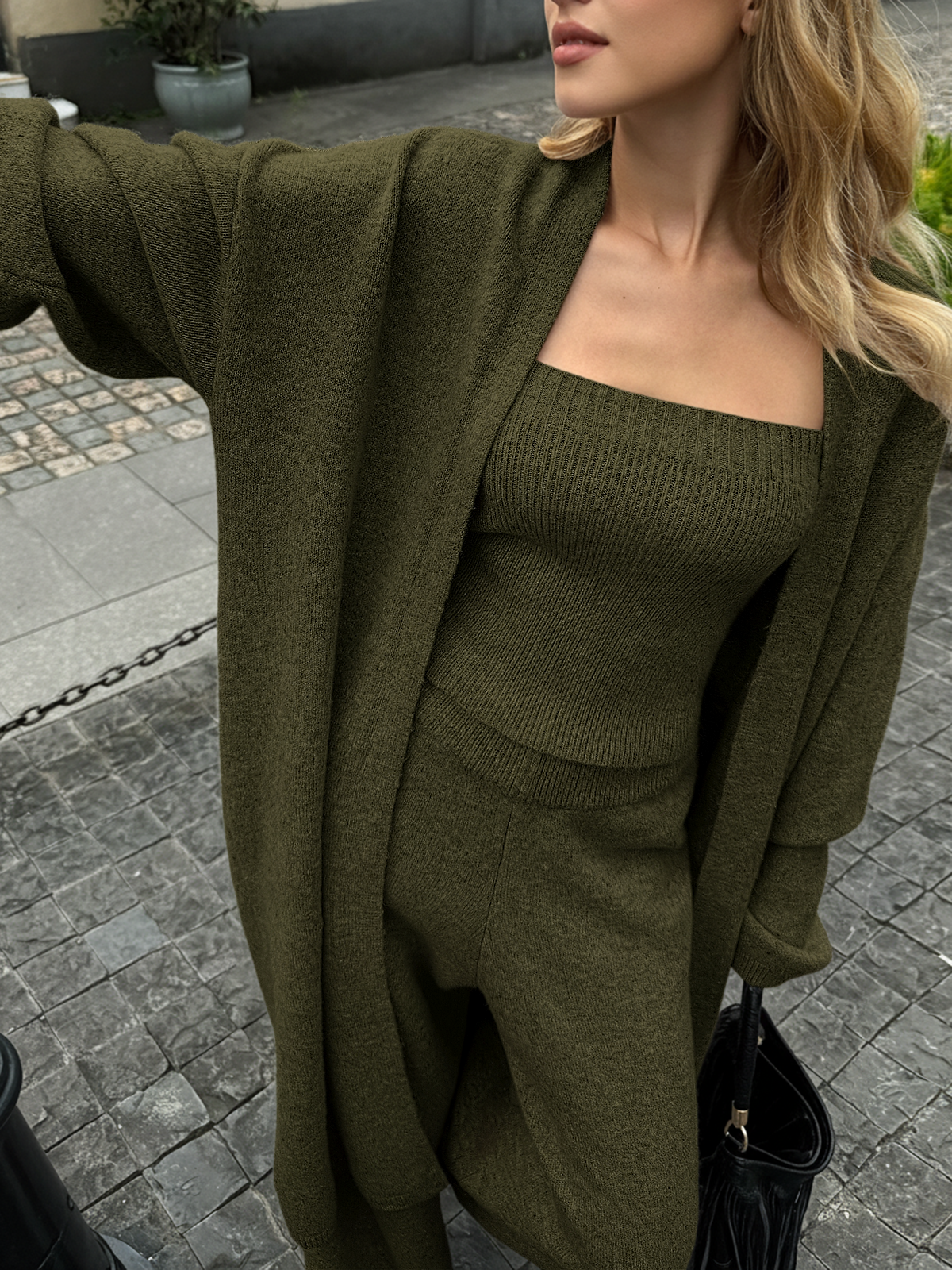 Three-Piece Knit Bustier Cardigan Pants Set