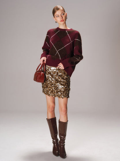 Crew Neck Argyle Wool-Blend Sweater