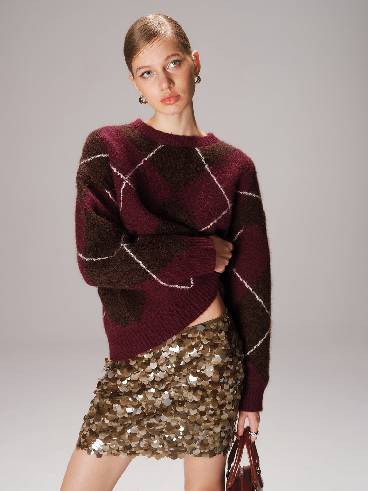 Crew Neck Argyle Wool-Blend Sweater