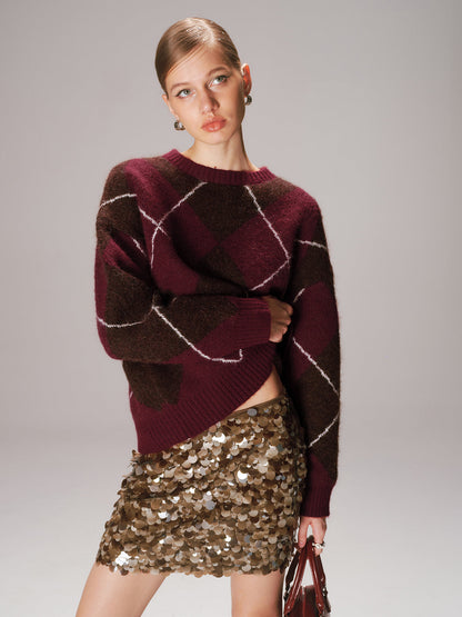 Crew Neck Argyle Wool-Blend Sweater