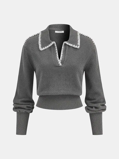 Contrast Embroidered Trim Polo Sweater