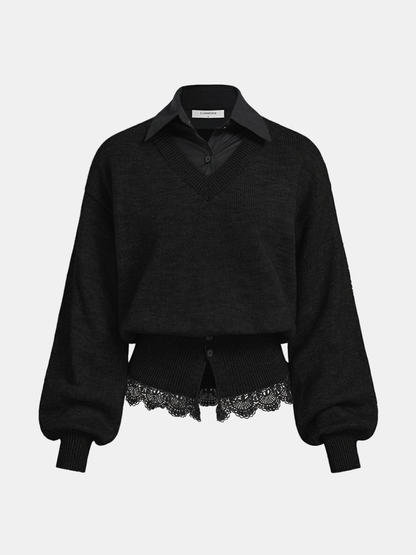 Contrast Collar Lace Hem Sweater
