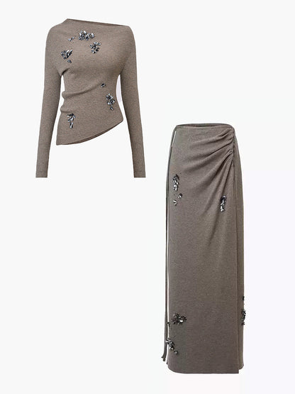 Wool-Blend Sequins Knit Top & Skirt Set