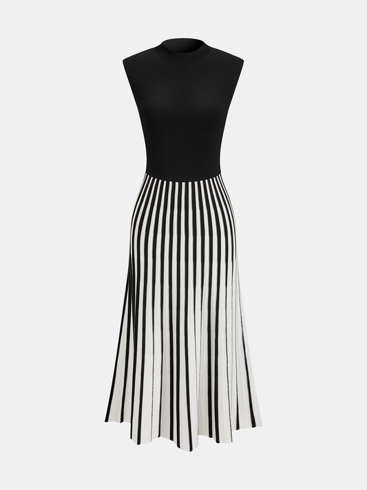 Sleeveless Mock Neck Striped Midi Dress