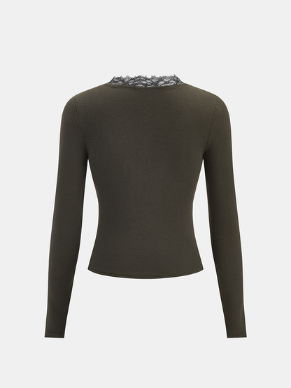 Lace Trim V-Neck Twist Long-Sleeve Top