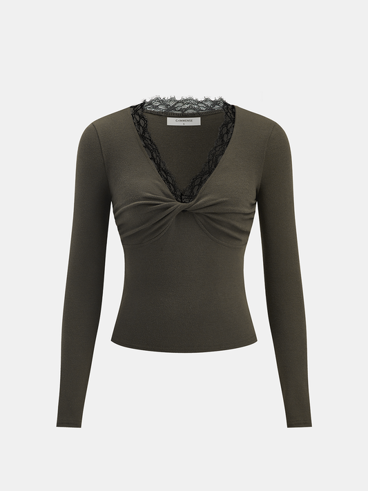 Lace Trim V-Neck Twist Long-Sleeve Top